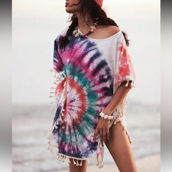 NEW Tie-Dye Beach Cover-Up with Fringe Size S - Picture 2 of 9
